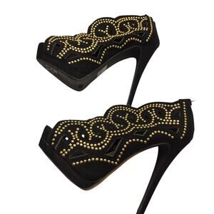 Just Fab Shoes 8 Black Beaded Platform Peek Open Toe High Heel Pump Stiletto
